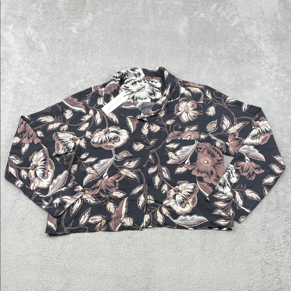 NEW Unsubscribed M 100% Silk‎ Black Floral Button Down PJ Shirt
